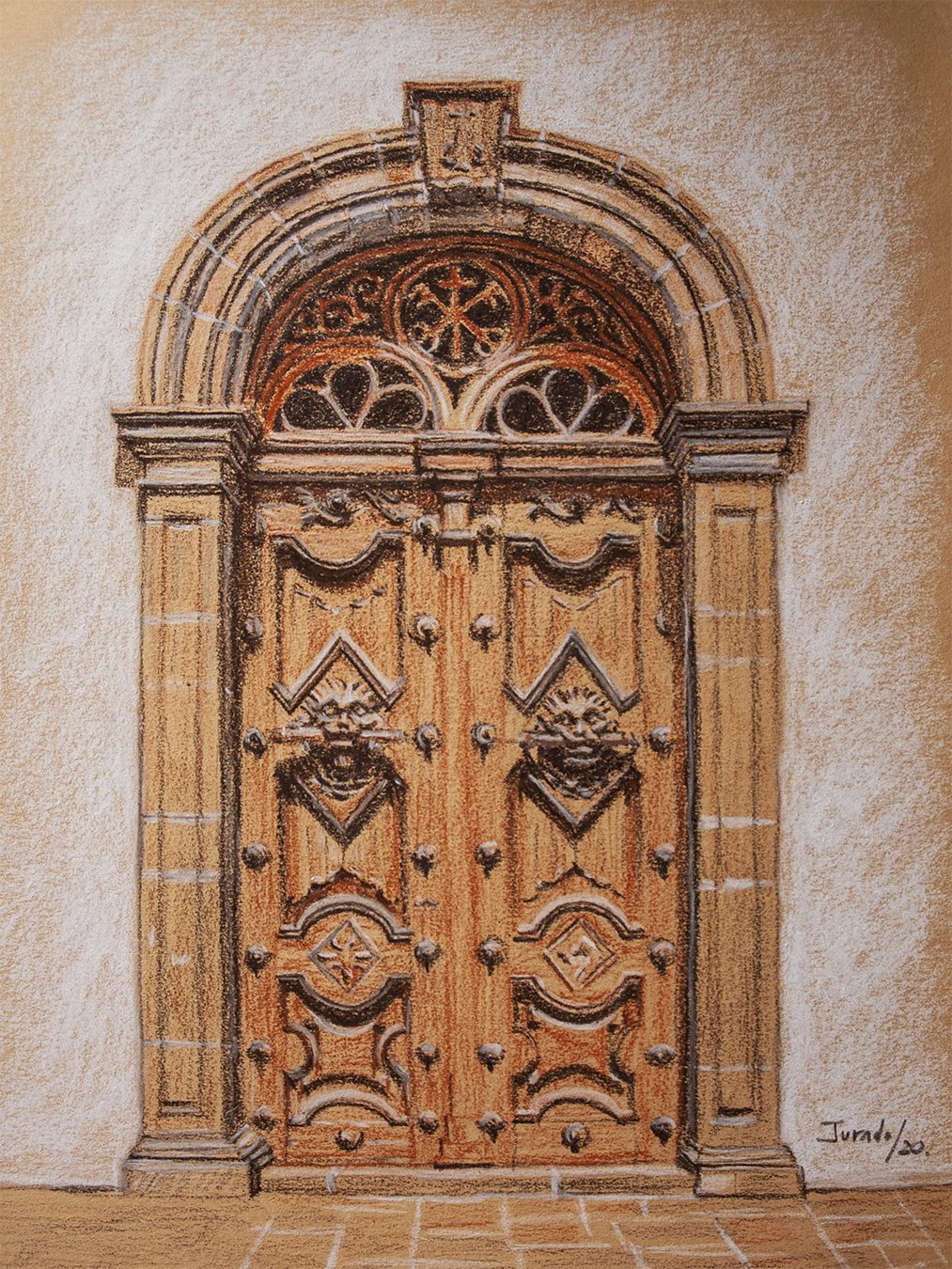 Colonial doorway drawn in sanguine and terracotta pencil